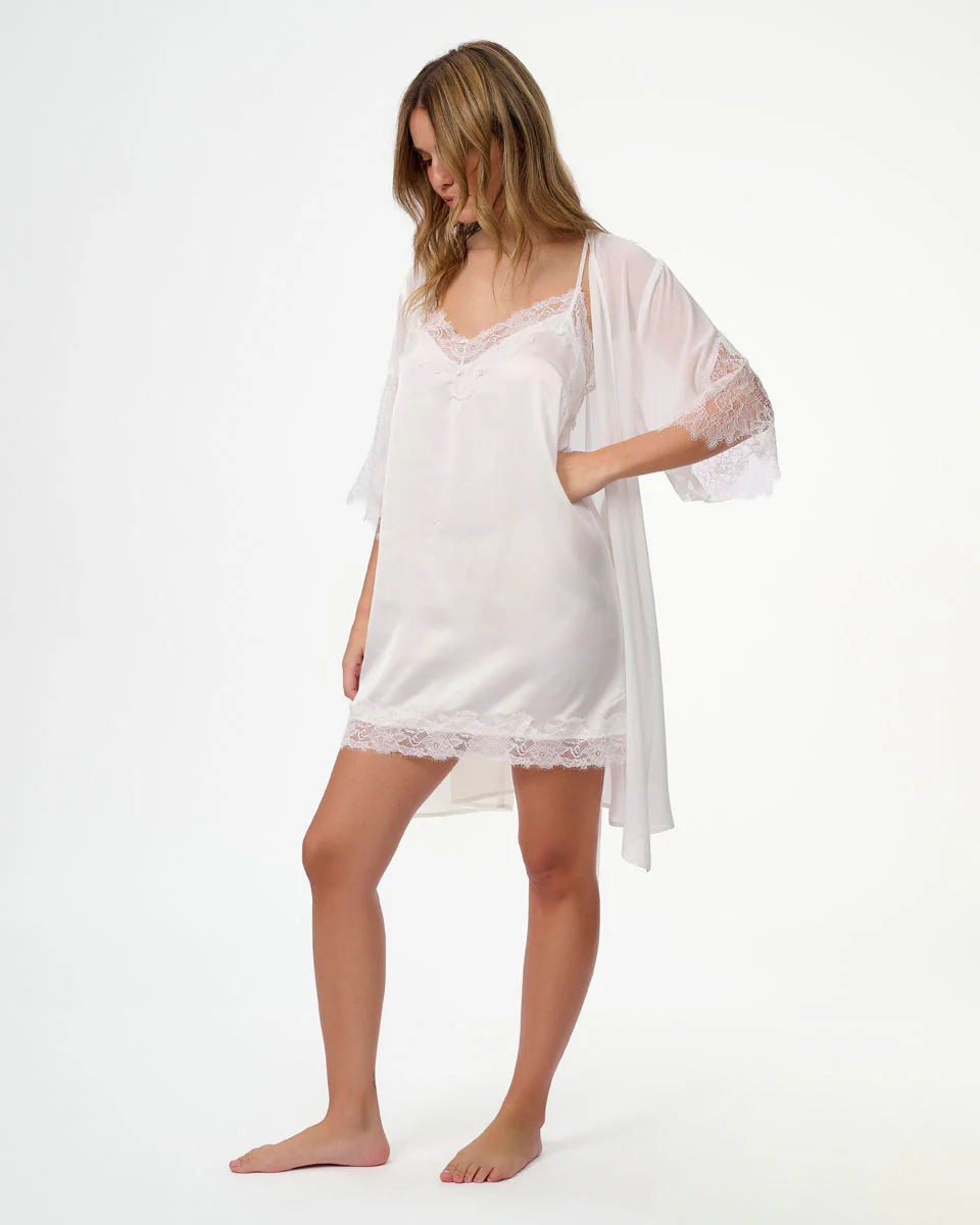 חלוק שיפון שרוול קצר משולב תחרה עשירה - IVORY - Image 6