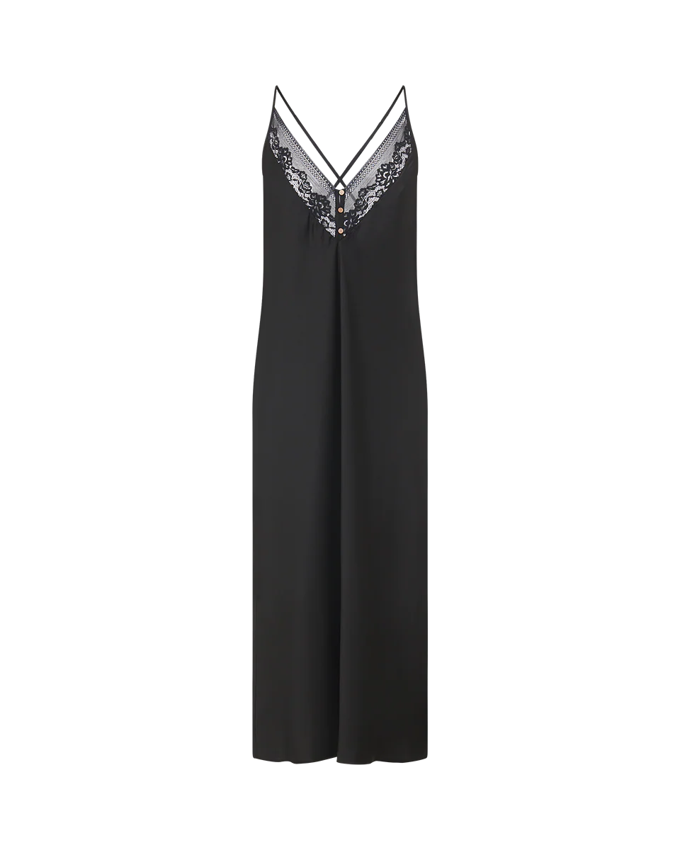 כותונת סאטן מקסי עם שסע בצד בשילוב תחרה - BLACK - Image 4