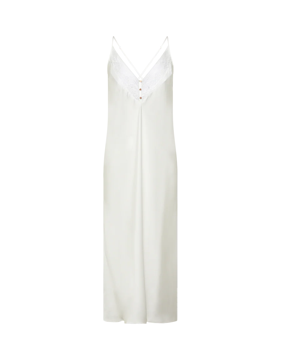 כותונת סאטן מקסי עם שסע בצד בשילוב תחרה - IVORY - Image 7