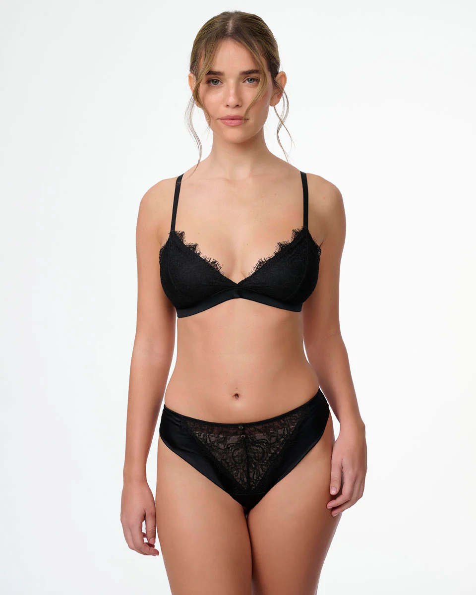 תחתון חוטיני מתחרת EYELASH בשילוב בד מיקרו מבריק - BLACK - Image 5